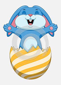 Easter bunny inside a cracked easter egg isolated on white background