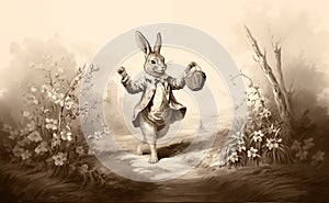Easter bunny in a jacket walks with a gift basket. Horizontal layout. Vintage engraving