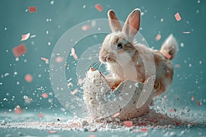 Easter bunny joy: hatching from egg with celebration confetti