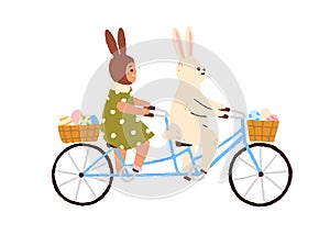 Easter bunny and kid with ears cycling on tandem bicycle, baskets with eggs. Cute rabbit and child in fairytale ride