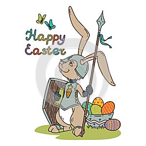 Easter bunny knight with a lance and shield.