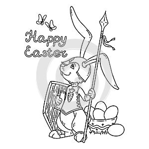 Easter bunny knight with a lance and shield.