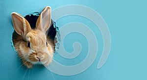Easter bunny looks out of a hole on a blue background