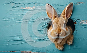 Easter bunny looks out of a hole on a blue wooden background