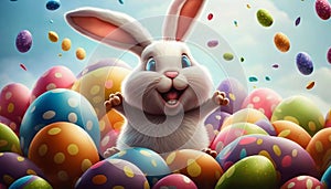 Easter bunny with many colorful easter eggs. Generative AI