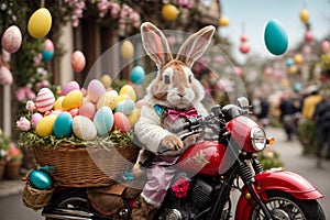 Easter Bunny on a Motorcycle Carrying Eggs