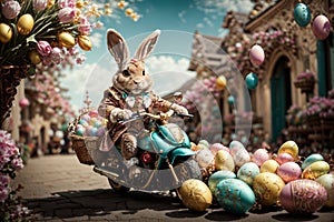 Easter Bunny on a Motorcycle Carrying Eggs