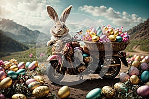 Easter Bunny on a Motorcycle Carrying Eggs