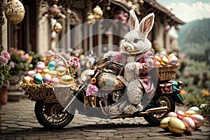 Easter Bunny on a Motorcycle Carrying Eggs