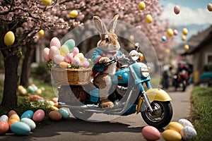 Easter Bunny on a Motorcycle Carrying Eggs