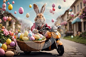 Easter Bunny on a Motorcycle Carrying Eggs