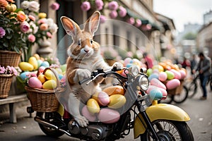 Easter Bunny on a Motorcycle Carrying Eggs