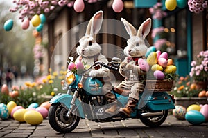 Easter Bunny on a Motorcycle Carrying Eggs