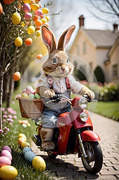 Easter Bunny on a Motorcycle Carrying Eggs