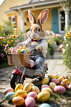 Easter Bunny on a Motorcycle Carrying Eggs