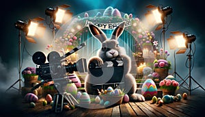 Easter bunny movie set with colorful eggs