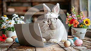 Easter Bunny Multitasking on Laptop amidst Festive Decor