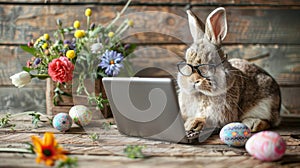 Easter Bunny Multitasking on Laptop amidst Festive Decor