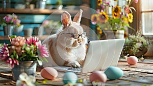 Easter Bunny Multitasking on Laptop amidst Festive Decor