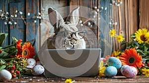 Easter Bunny Multitasking on Laptop amidst Festive Decor