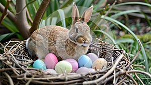 Easter Bunny Nestling in Colorful Eggs