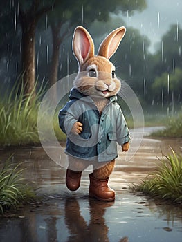 Easter bunny outdoor under rain in coat and boots