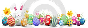 Easter bunny with painted easter eggs and flowers isolated