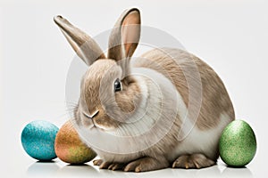 Easter bunny and painted easter eggs. Isolated on white background