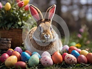 The Easter bunny with painted eggs. Generated with AI
