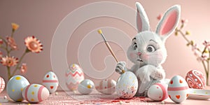 Easter bunny painting an egg, with various decorated eggs around it and plenty of copy space