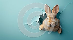 Easter bunny peeking out of paper, blue background with space for text