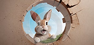 The Easter Bunny peeks through a hole in the wall