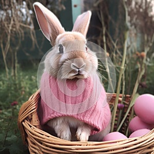 Easter bunny with pink sweater in basket