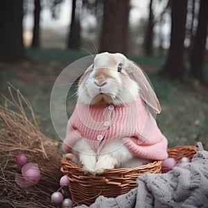 Easter bunny with pink sweater in basket