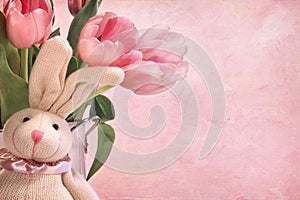 Easter bunny and pink tulips