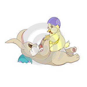 Easter bunny playing with Chick on white isolated background, vector rabbit and yellow chick in Cartoon style, isolated cartoon