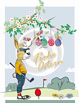Easter bunny playing golf - Frohe Ostern - Happy easter in german