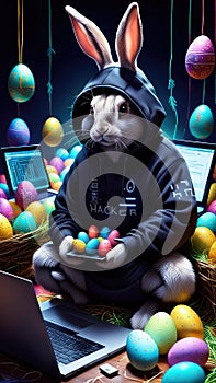 The Easter Bunny is a programmer. The Easter bunny is working at the computer. Generated by AI.