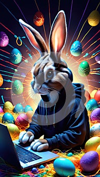 The Easter Bunny is a programmer. The Easter bunny is working at the computer. Generated by AI.
