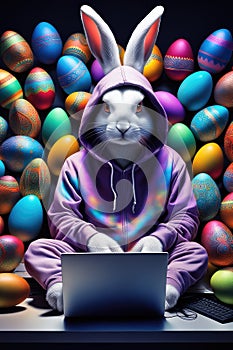 The Easter Bunny is a programmer. The Easter bunny is working at the computer. Generated by AI.