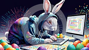 The Easter Bunny is a programmer. The Easter bunny is working at the computer. The hacker rabbit.