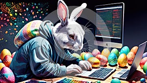 The Easter Bunny is a programmer. The Easter bunny is working at the computer. The hacker rabbit.