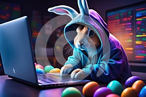 The Easter Bunny is a programmer. The Easter bunny is working at the computer. Generated by AI.