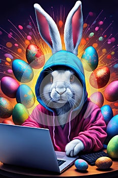 The Easter Bunny is a programmer. The Easter bunny is working at the computer. Generated by AI.
