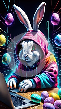 The Easter Bunny is a programmer. The Easter bunny is working at the computer. Generated by AI.
