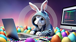 The Easter Bunny is a programmer. The Easter bunny is working at the computer. Generated by AI.
