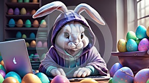 The Easter Bunny is a programmer. The Easter bunny is working at the computer. Generated by AI.