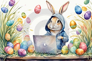 The Easter Bunny is a programmer. The Easter bunny is working at the computer. The hacker rabbit.