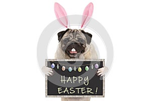 Easter bunny pug puppy dog with ears, eggs and blackboard with text happy easter