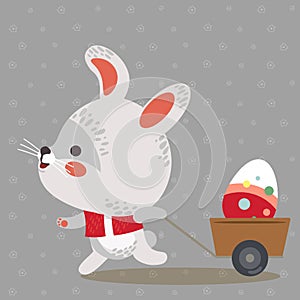 Easter bunny pulls a cart with cute white rabbit holding decorated eggs, happy holiday hunter vector greeting card